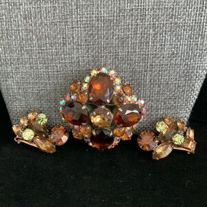 Vintage Gold Tone AB Rhinestone Brooch & Clip-in Earring Set